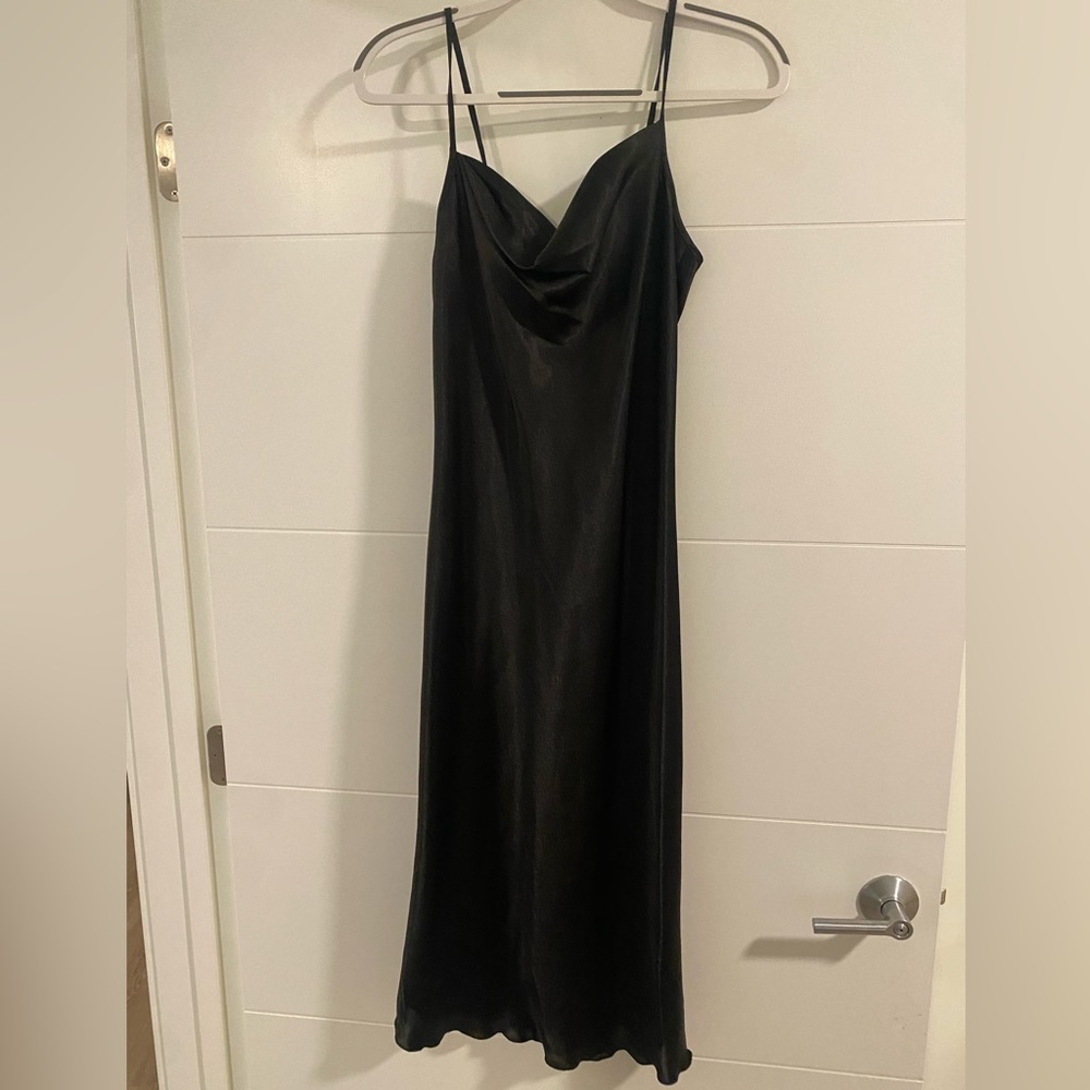 bebe long satin cowl neck black dress